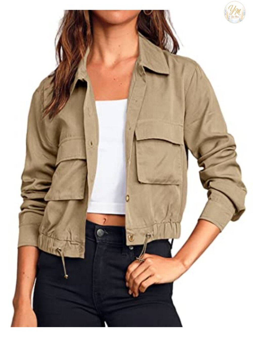 Women's Cropped Military Utility Jacket with Pockets (100% Polyester,